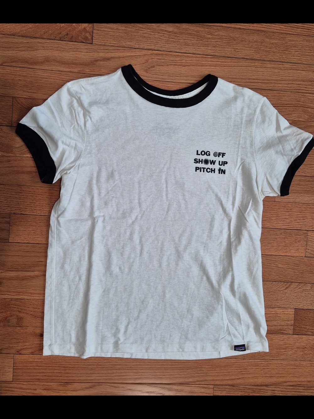 Patagonia White Ringer Tee with Black Trim and 'Log Off' Chest Graphic
